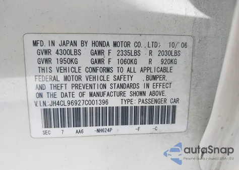 2007 Acura Tsx z USA, uszkodzony, nr VIN JH4CL96927C001396